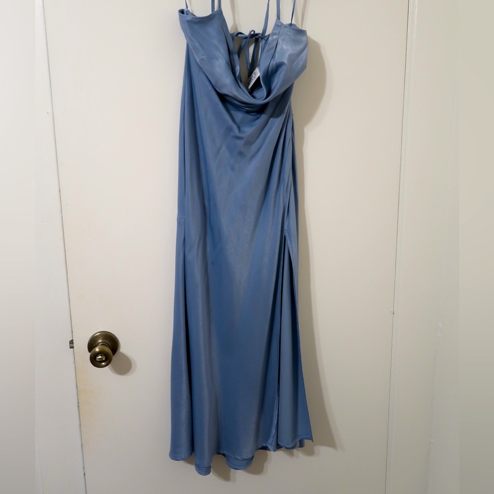 Hello Molly blue silk dress with slit size small